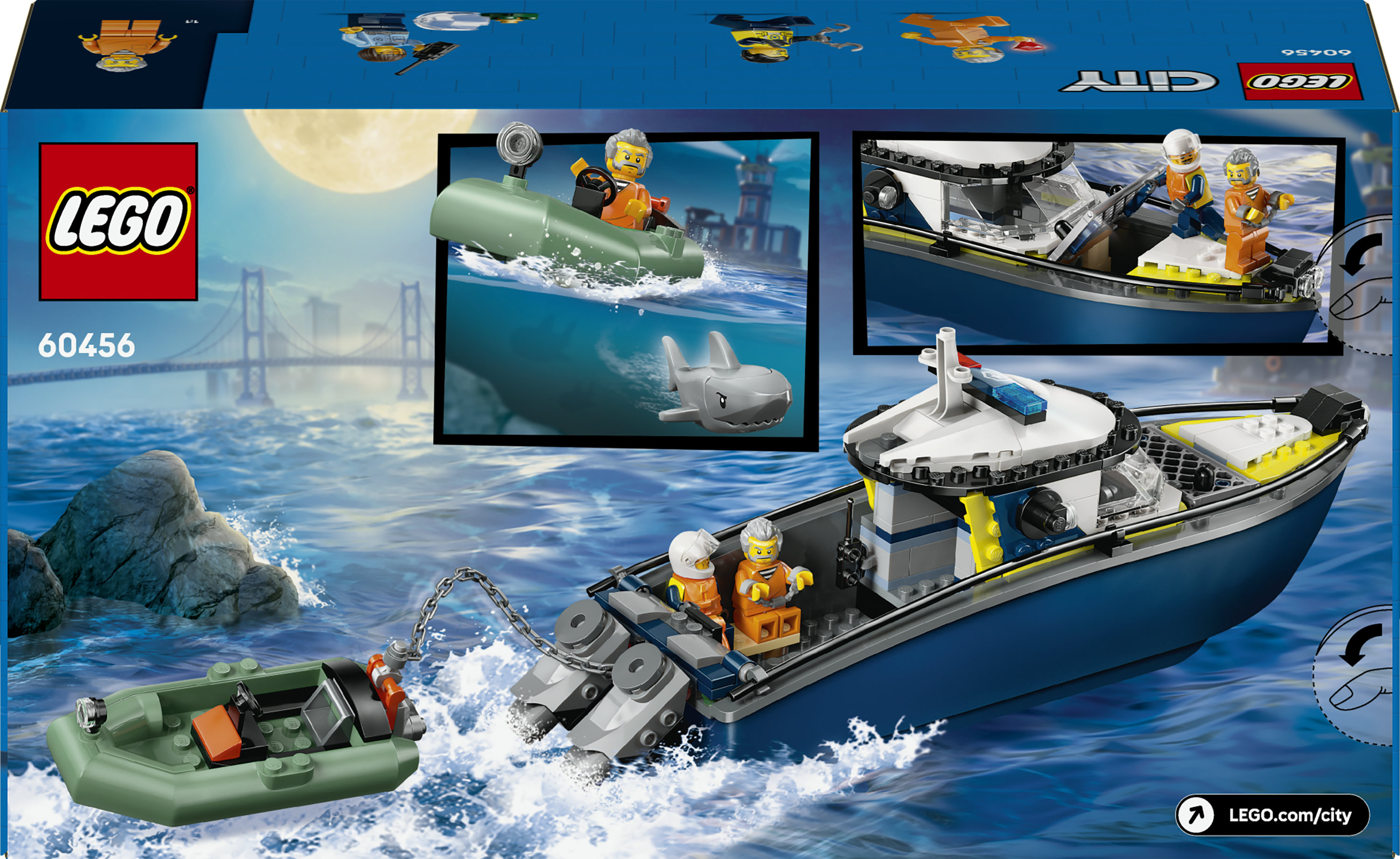 LEGO City 60456 Inseguimento del Motoscafo della Polizia, con 2 Barche Giocattolo, 3 Minifigure, Squalo, Regalo per Bambini6+