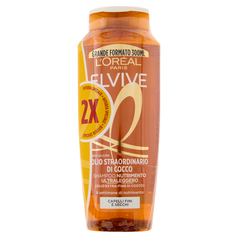 Elvive Olio Straordinario di Cocco Shampoo Nutrimento Ultraleggero, per Capelli Fini 2 x 300 ml