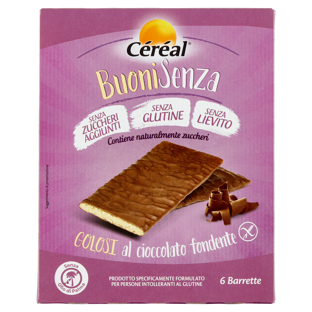 Céréal, Crackers BuoniSenza Golosi al cioccolato fondente, senza glutine, senza lievito - 6 x 17 g