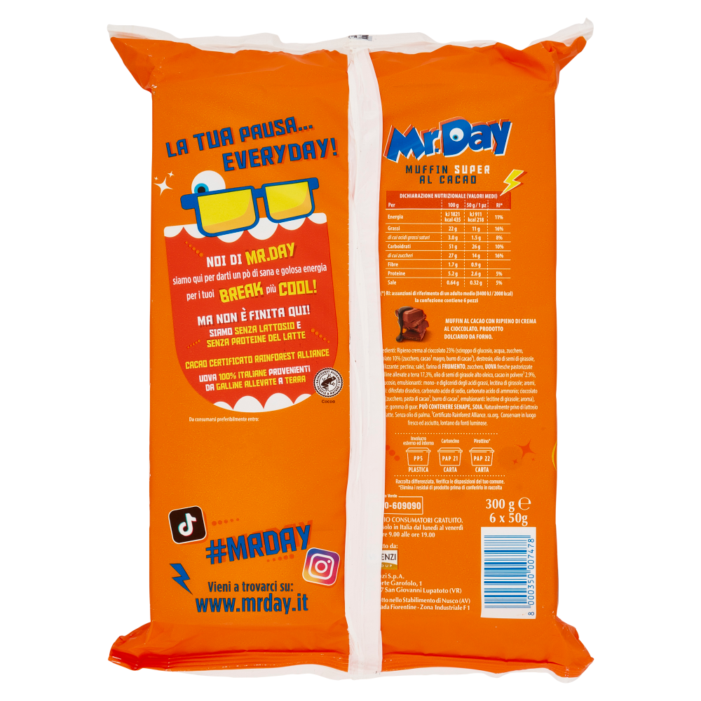 Mr.Day 6 Super Muffin al Cacao con Ripieno di Crema al Cioccolato 6 x 50 g