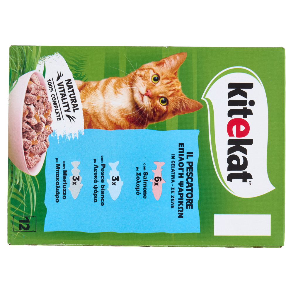 Kitekat Pescatore Cibo Umido Gatto in Gelatina con Salmone, con Pesce bianco, con Merluzzo 12 x 85 g