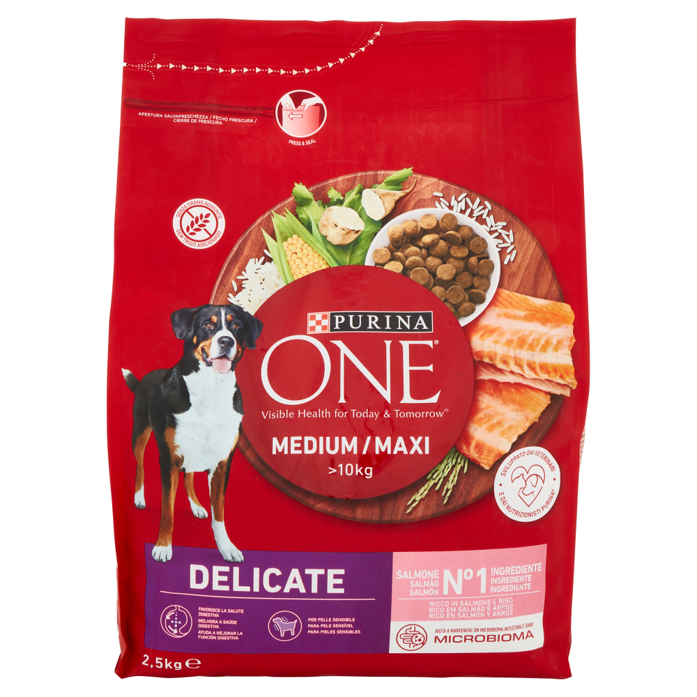 PURINA ONE Medium / Maxi Delicate Ricco in Salmone e Riso 2,5 kg