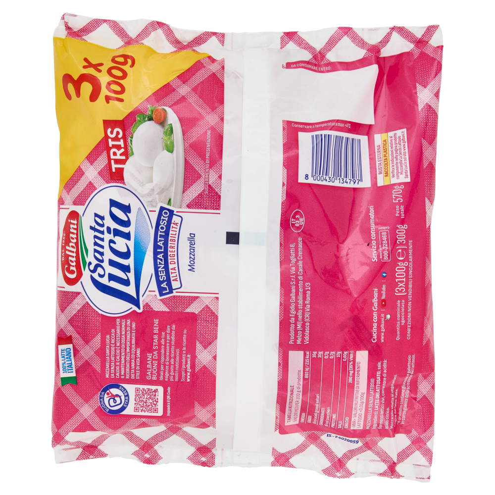 Galbani Santa Lucia Mozzarella Tris la Senza Lattosio 3 x 100 g