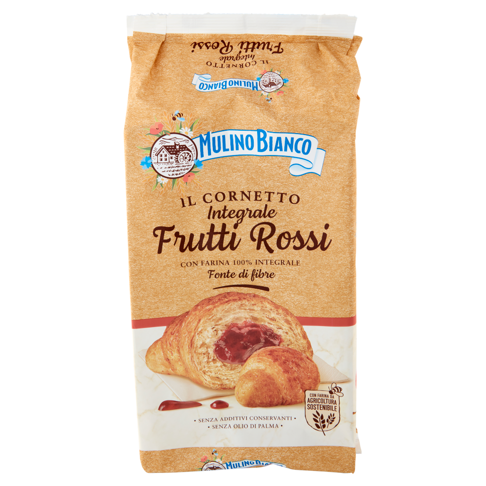Mulino Bianco Cornetti Integrali Frutti Rossi Merenda con 100% Farina Integrale 6 pezzi 300g