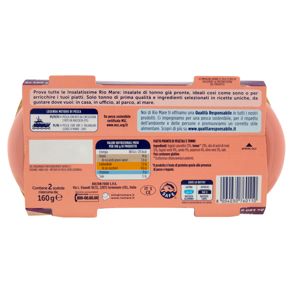 Rio mare Insalatissime Insalata di Tonno Fagioli con carote, peperoni e olive 2 x 160 g