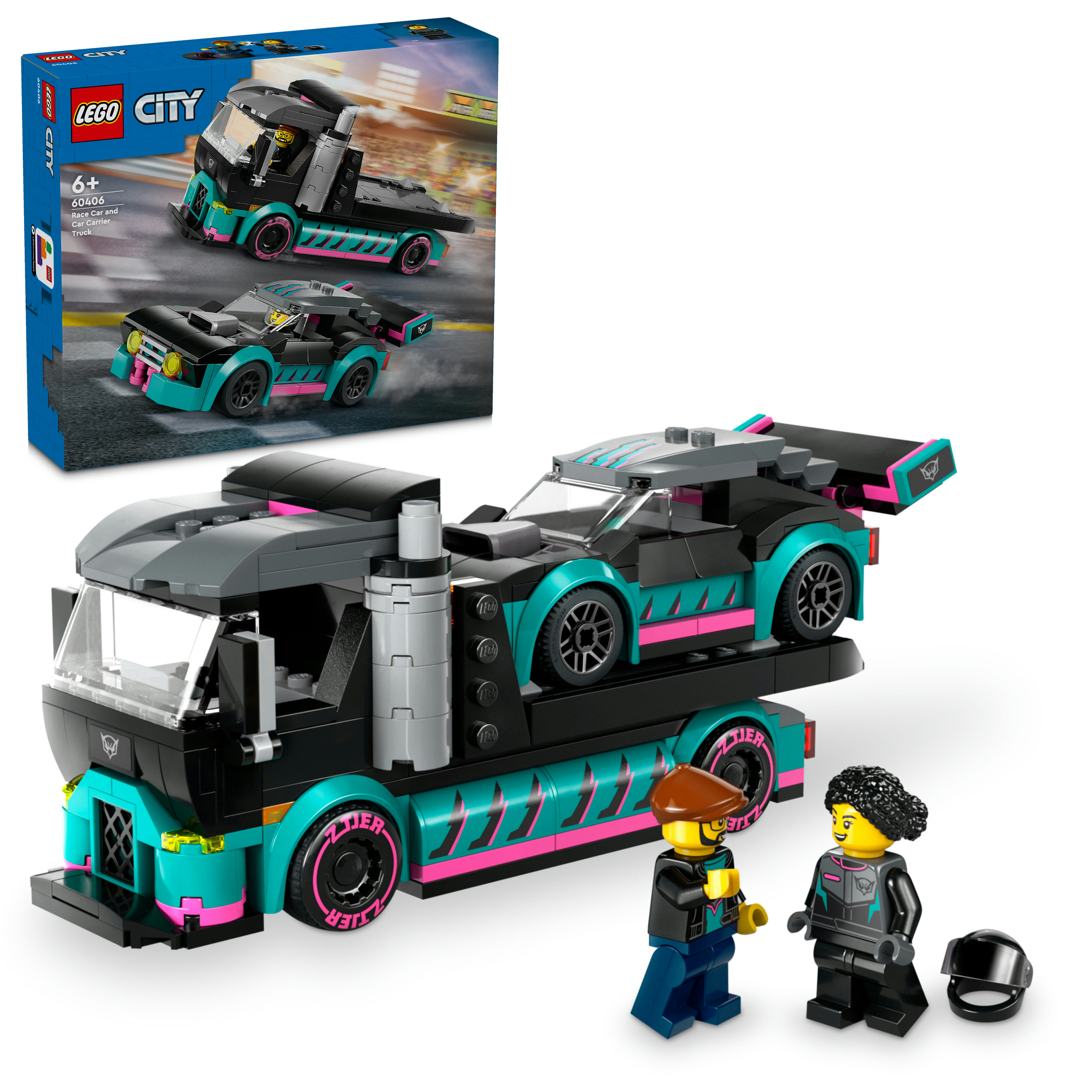 LEGO City 60406 Auto da Corsa e Trasportatore, Macchina e Camion Giocattolo per Bambini di 6+, Veicolo con Rampa Funzionante