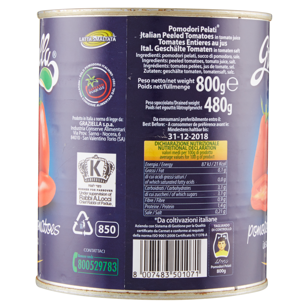 Graziella pomodori pelati a mano in succo di pomodoro 800 g