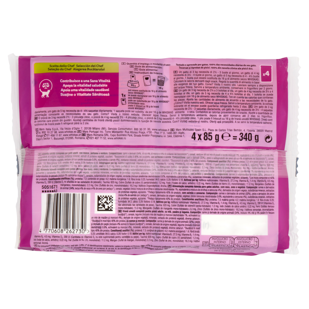 Whiskas Tasty Mix Scelta dello Chef in salsa con manzo pollame e verdure, con salmone e carote 4x85g