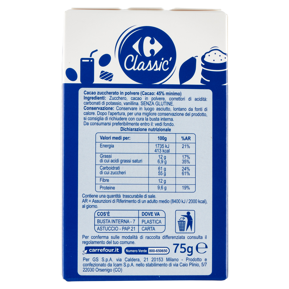 Carrefour Classic Cacao Zuccherato 75 g