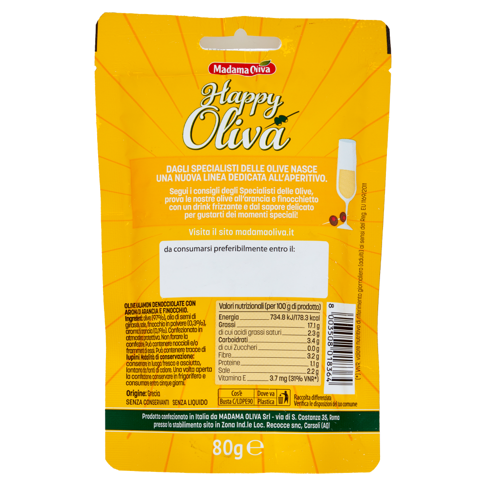 Madama Oliva Happy Oliva Olive Kalamon denocciolate Gusto Arancia e Finocchietto 80 g