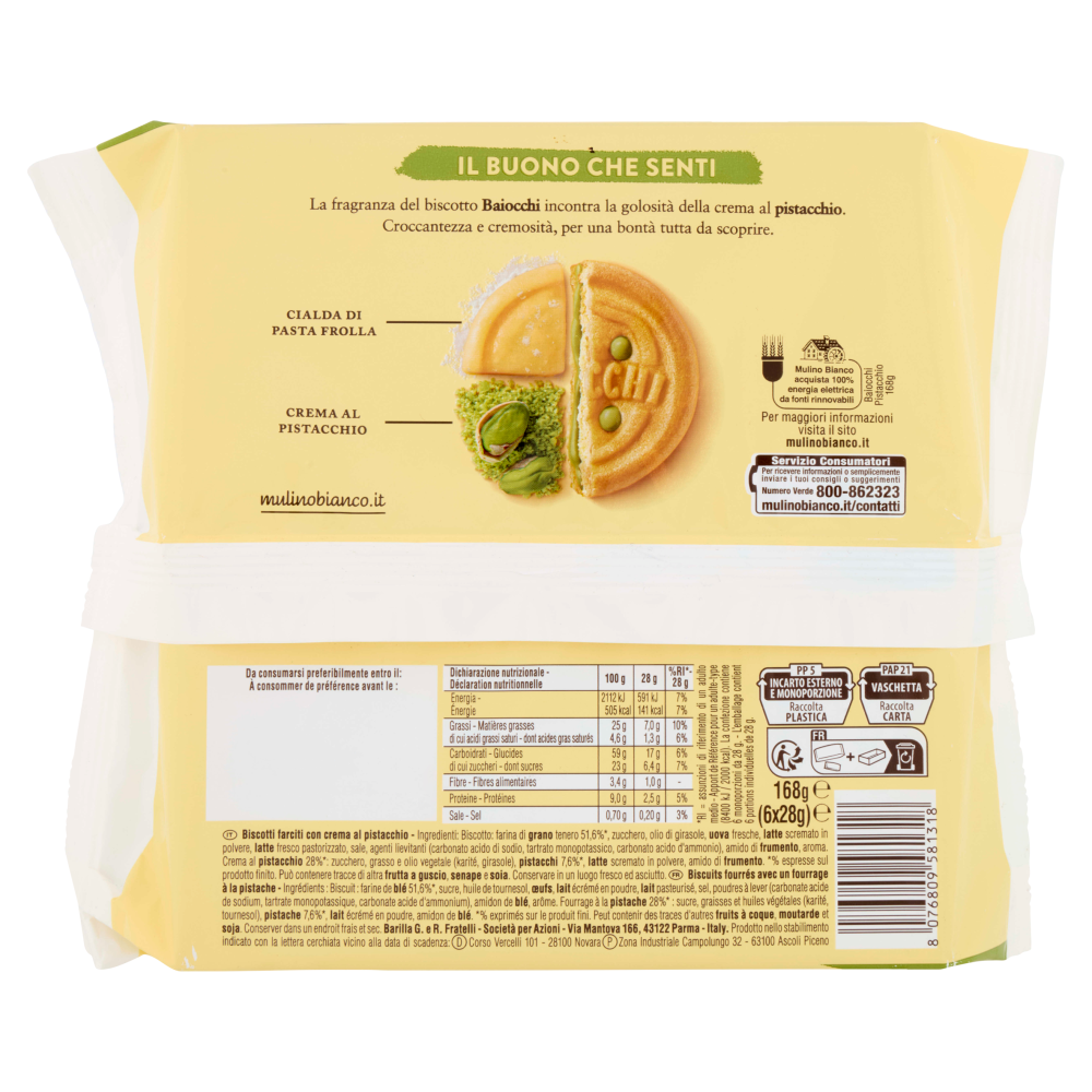 Mulino Bianco Baiocchi Biscotti Snack Farciti con Crema al Pistacchio 168g