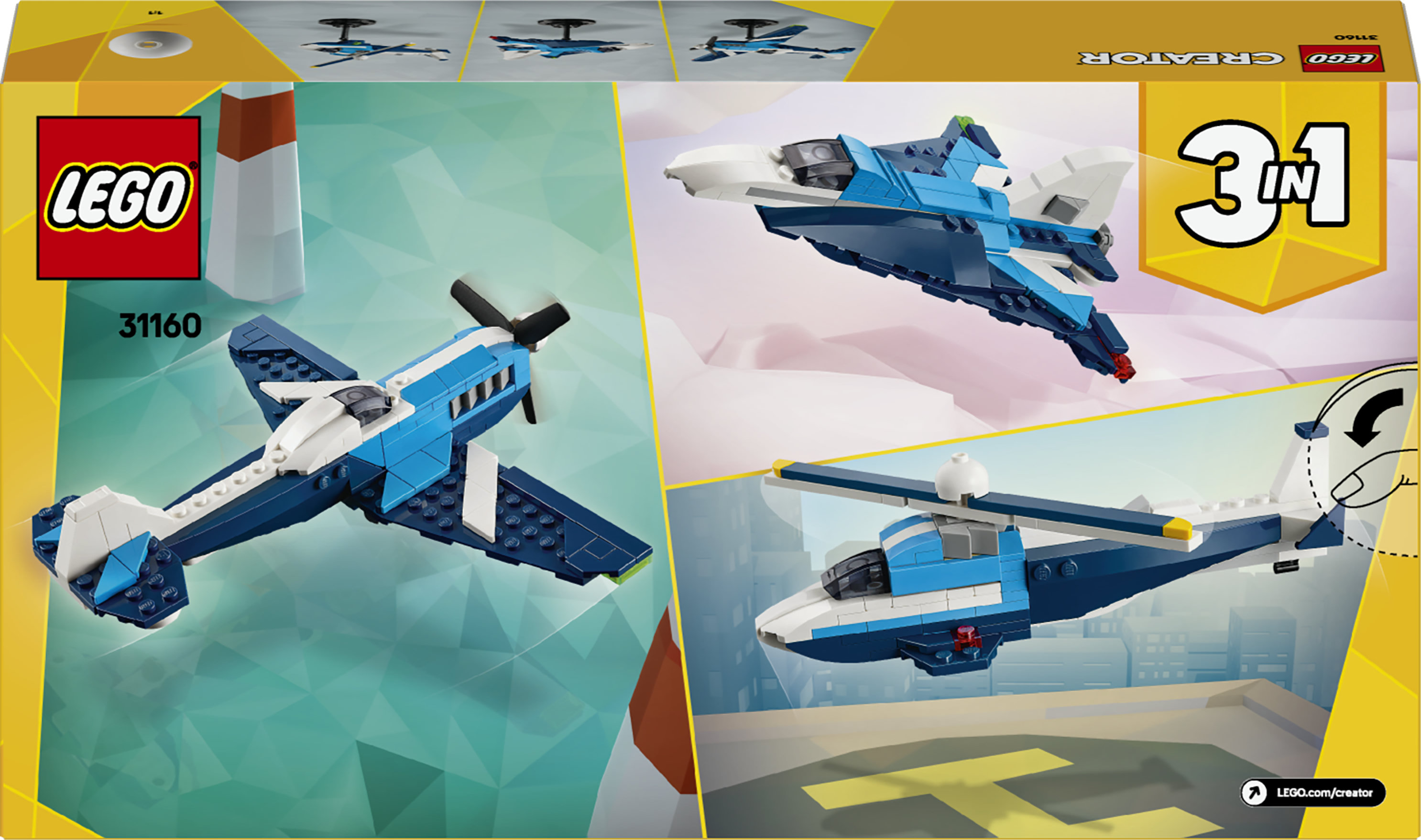 LEGO Creator 3 in 1 31160 Velivolo: Aereo da Competizione, Aeroplano Giocattolo Trasformabile in Elicottero e Jet, Bambini 7+