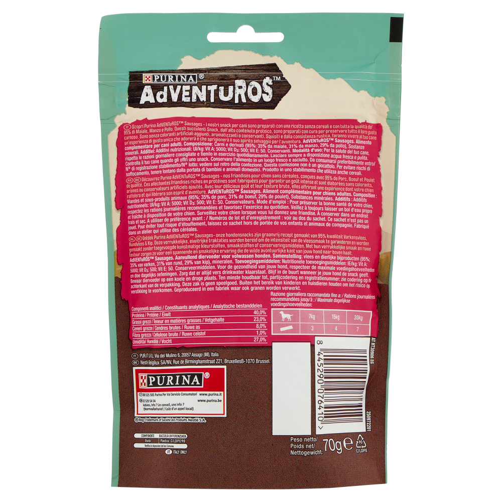 PURINA ADVENTUROS Sausages Maiale, Manzo e Pollo 70 g