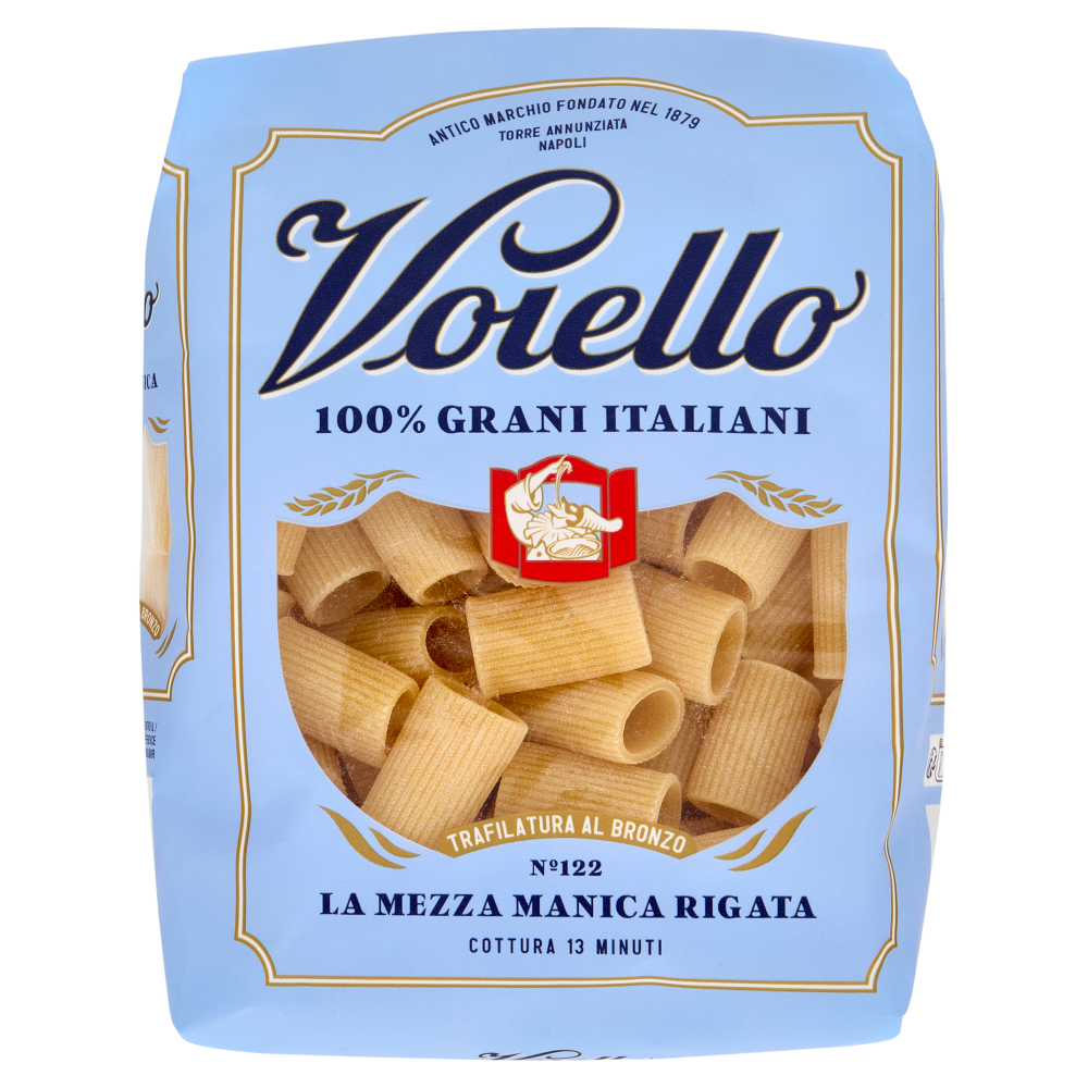 Voiello Pasta La Mezza Manica Rigata N°122 grani 100% italiani Trafilata bronzo 500g