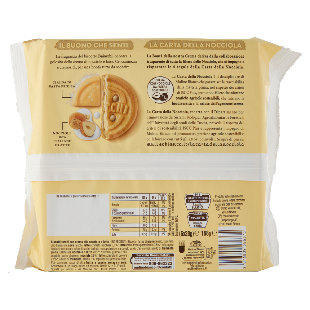 Mulino Bianco Baiocchi Snack Biscotti Farciti con Crema Nocciole e Latte Nocciole 100% Italiane 168g