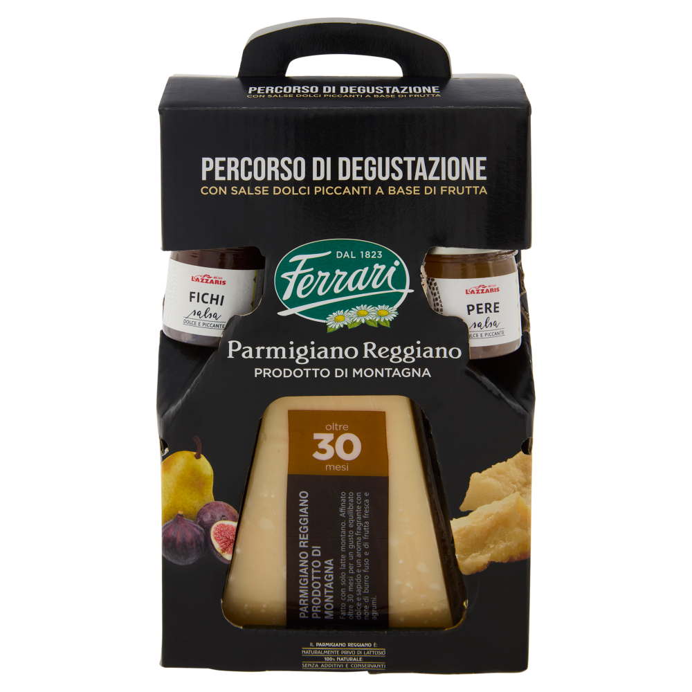 Ferrari Parmigiano Reggiano DOP Prodotto di Montagna oltre 30 mesi 300g con Salse di Fichi e Pere 