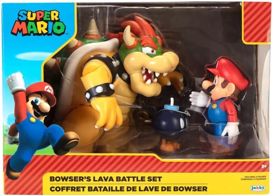 Super Mario Playset Nintendo Mario vs. Bowser: Battaglia nella Lava 7" / 18 cm, con licenza ufficiale , action figure articolate di Bowser, Mario e Bob-Omb. Perfetto per bambini dai 3 anni in su.