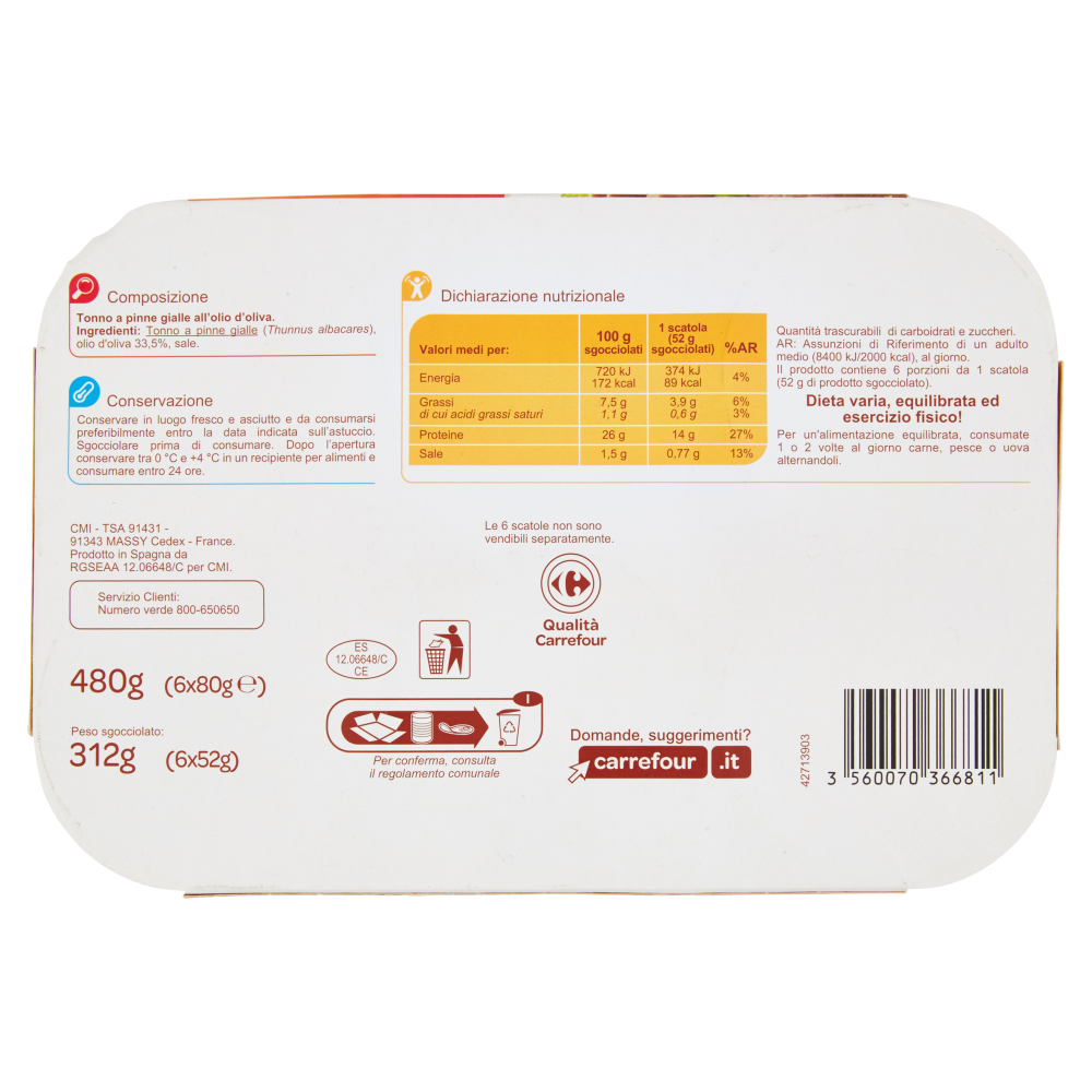Carrefour Tonno a pinne gialle all'olio d'oliva 6 x 80 g