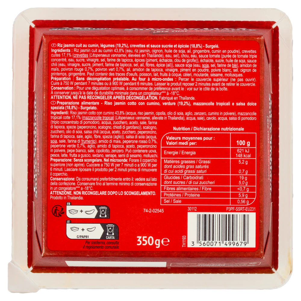 Carrefour Sensation Crevettes Sauce Piquante Riso Thai Surgelato 350 g