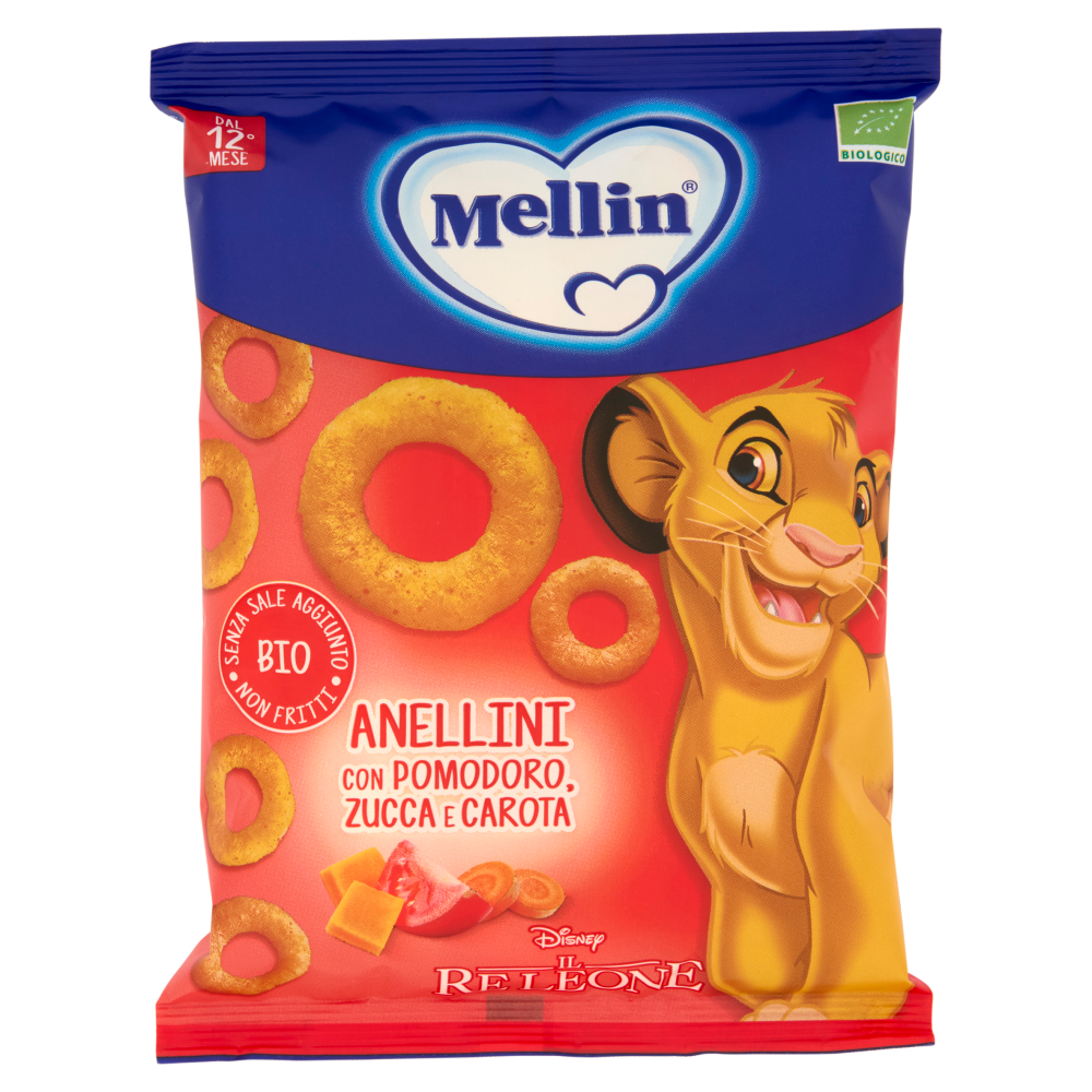 MELLIN Merenda Biologica Re Leone Simba, Anellini con Pomod, Zucca e Carota, adatto dai 12 mesi,15g