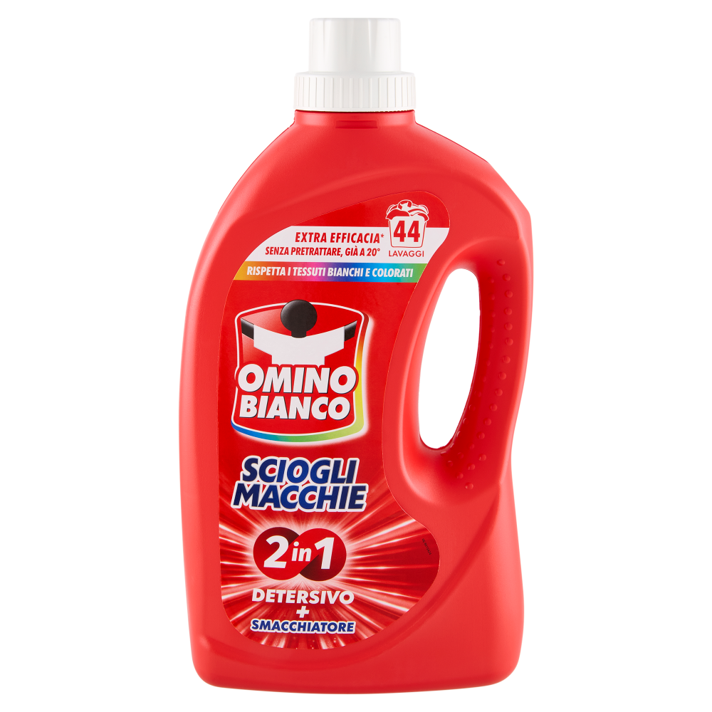 Omino Bianco Sciogli Macchie 2 in 1 Detersivo Lavatrice Liquido + Smacchiatore 44 Lavaggi 1760 ml