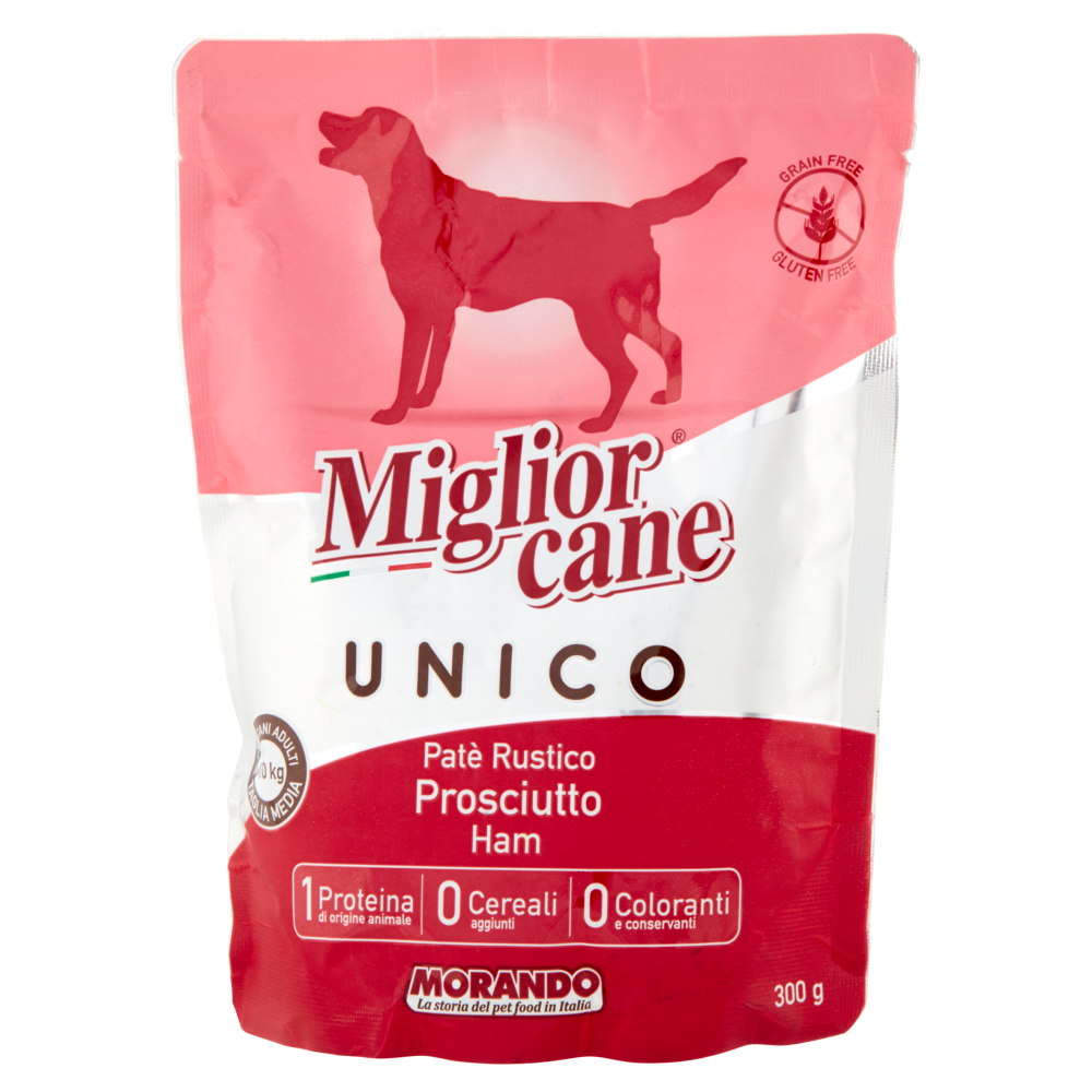 Migliorcane Unico Patè Rustico Prosciutto per Cani Adulti >10 kg Taglia Media 300 g