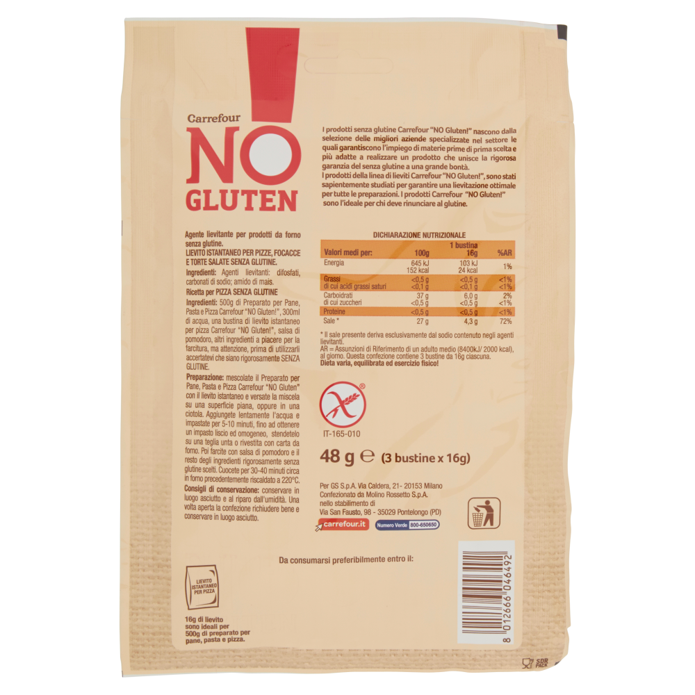 Carrefour No Gluten Lievito Istantaneo per Pizza 3 x 16 g