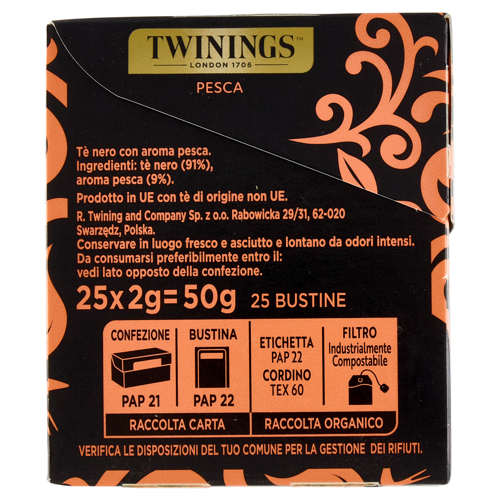 Twinings Pesca Tè Nero aromatizzato 25 filtri The 50 g