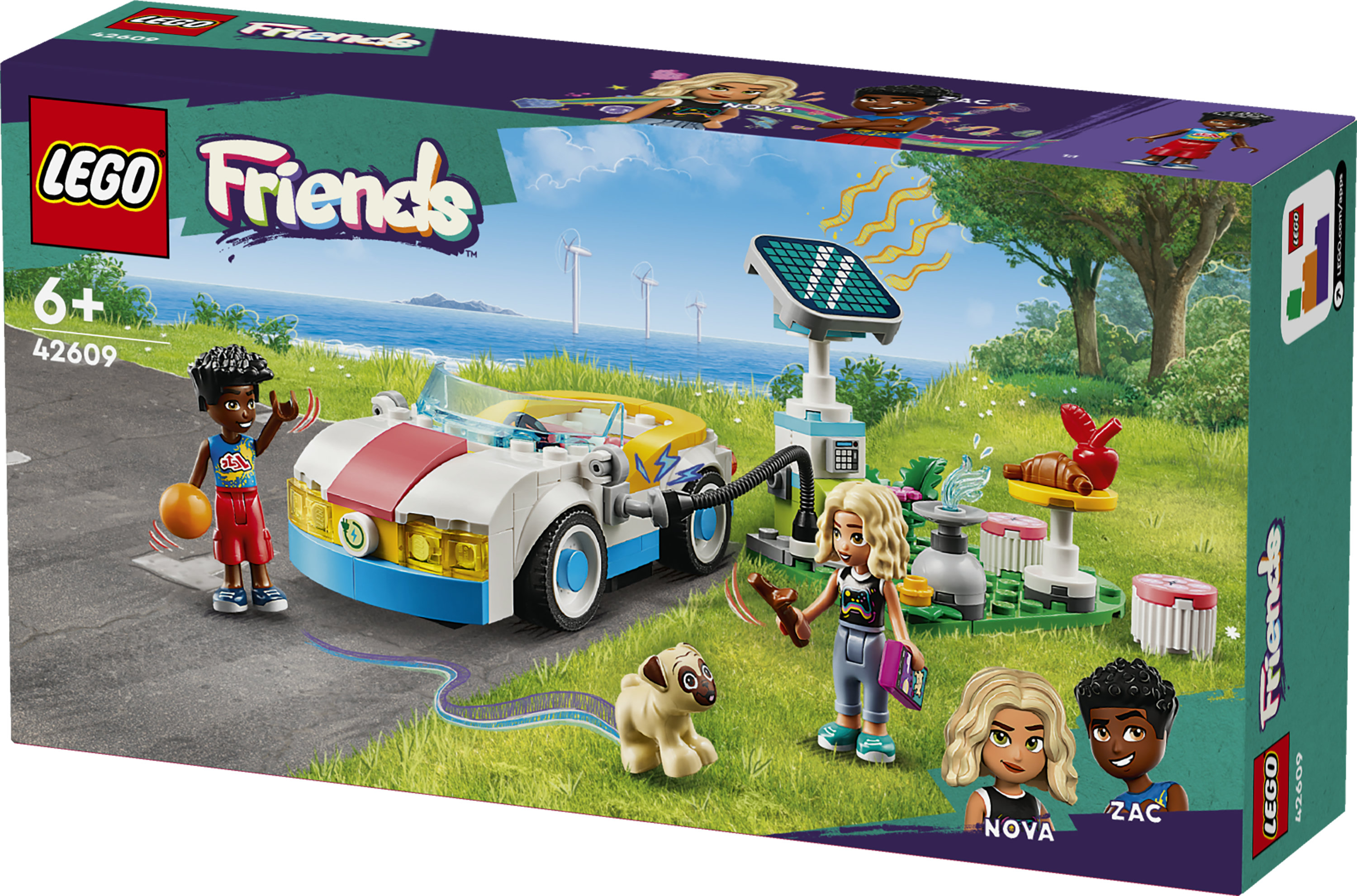 LEGO Friends 42609 Auto Elettrica e Caricabatterie, Giochi per Bambini di 6+ Anni con Macchina Giocattolo e 2 Mini Bamboline