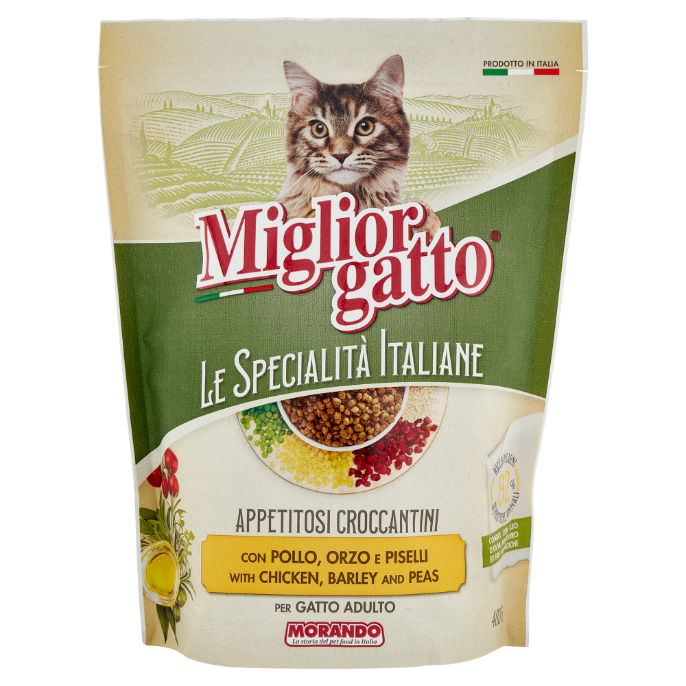Migliorgatto Le Specialità Italiane Appetitosi Croccantini Pollo, Orzo e Piselli Gatto Adulto 400 G
