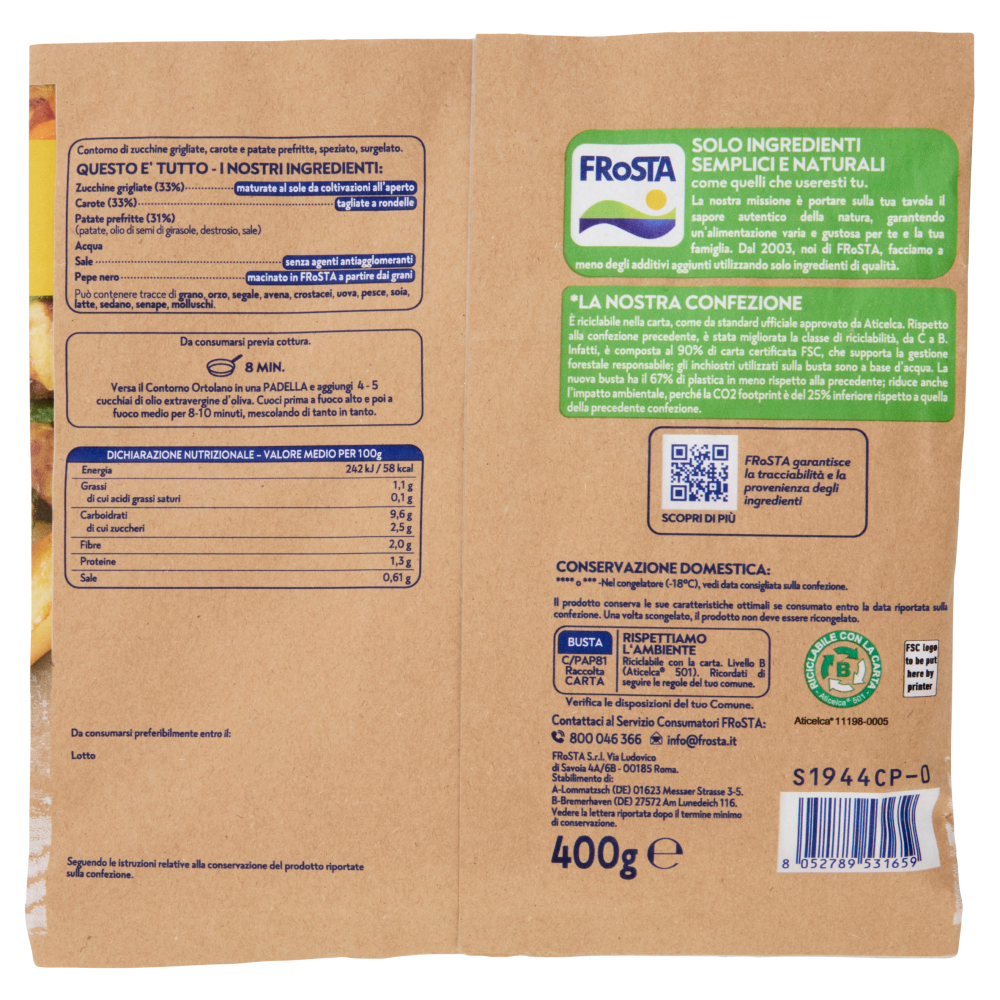 FRoSTA i Contorni Ortolano Zucchine, Patate, Carote Surgelato 400 g