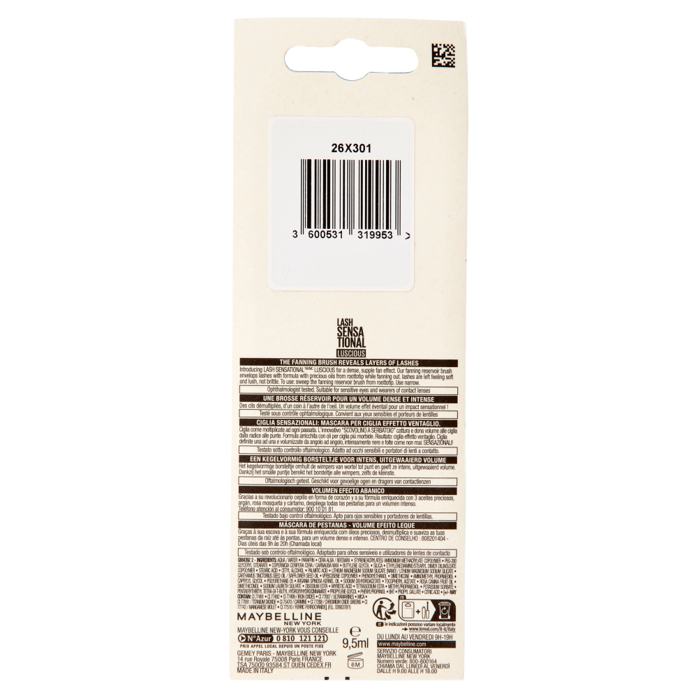 Maybelline New York Mascara Ciglia Sensazionali, Volumizzante, Luscious, 9.5 ml