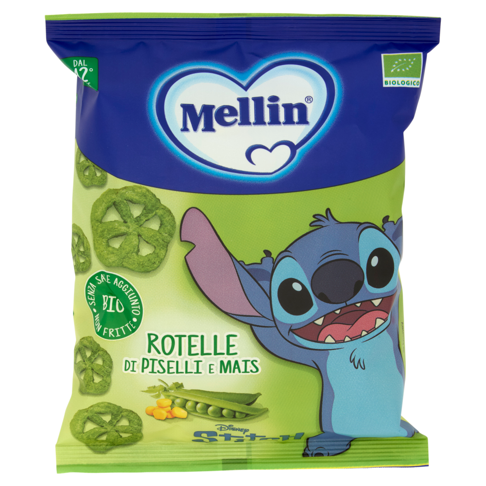 MELLIN Rotelle di Piselli&Mais Disney Stitch, Snack Biologico, Senza Glutine, adatto dai 12 mesi 20g