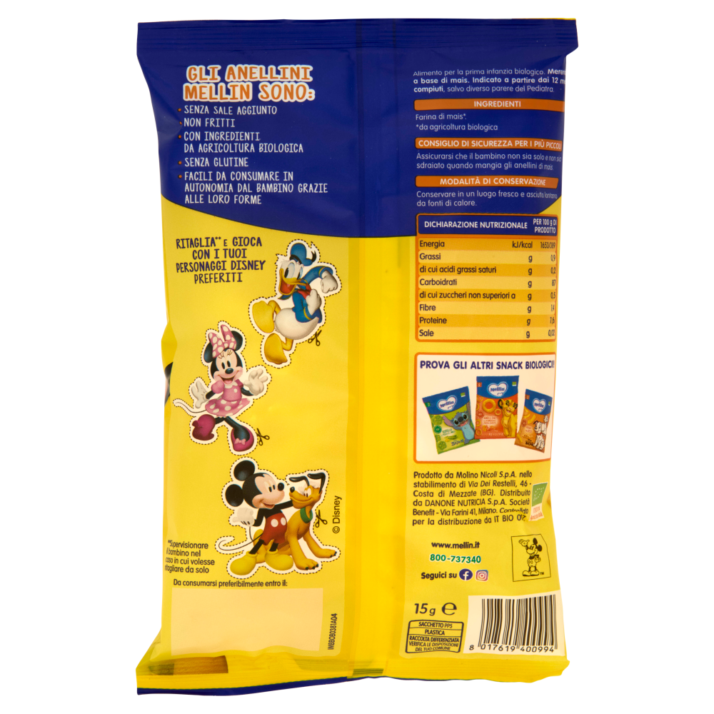 MELLIN Anellini di Mais, Disney Mickey Mouse, Snack Biologico, Senza Glutine, adatto dai 12 mesi 15g