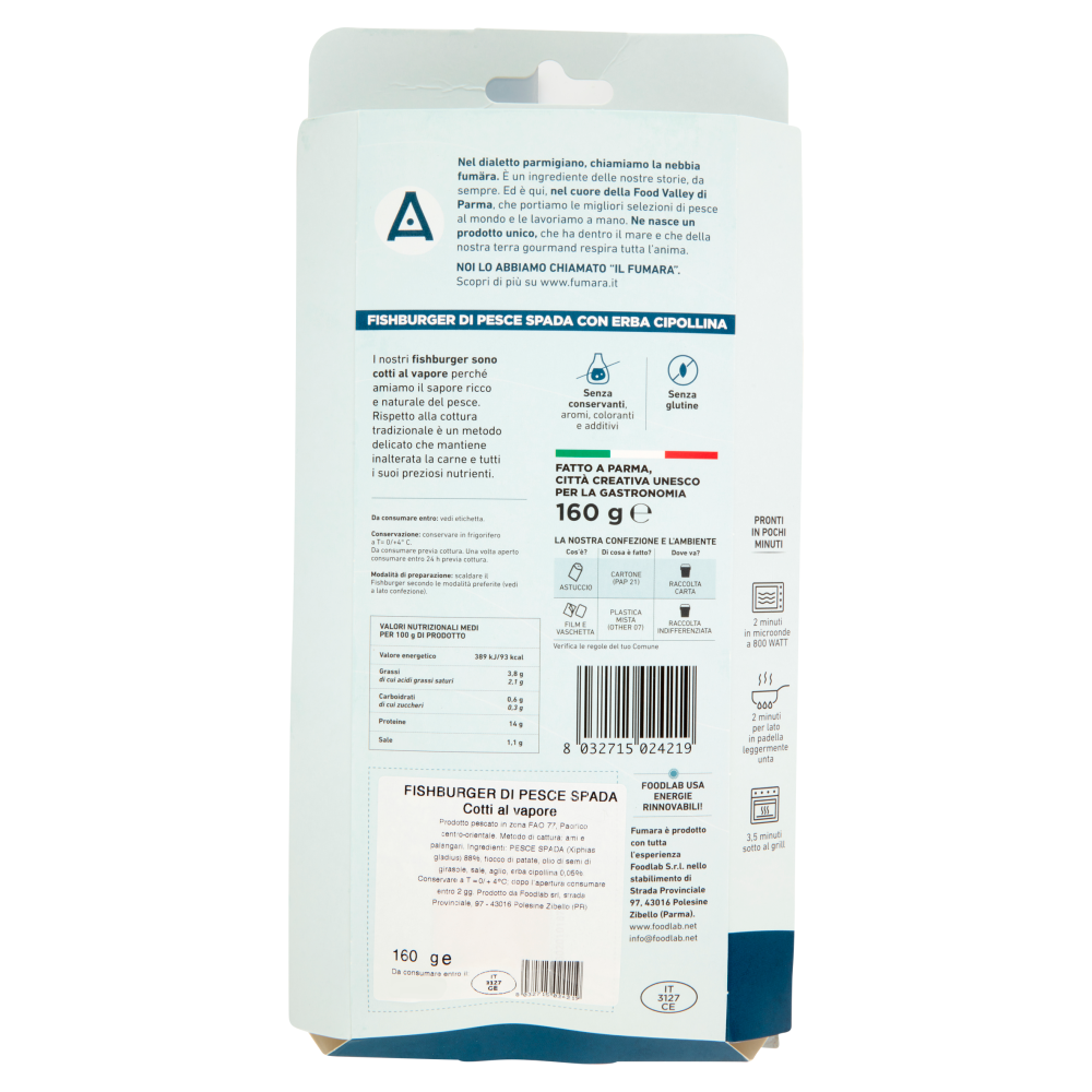 Fumara Fishburger Cotti al Vapore Solo Filetto di Pesce Spada con erba cipollina 160 g