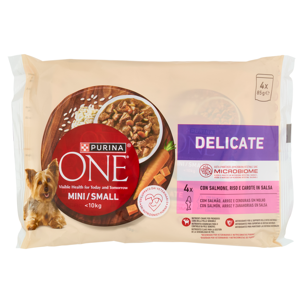 PURINA ONE Mini/Small Delicate con Salmone, Riso e Carote in Salsa 4 x 85g