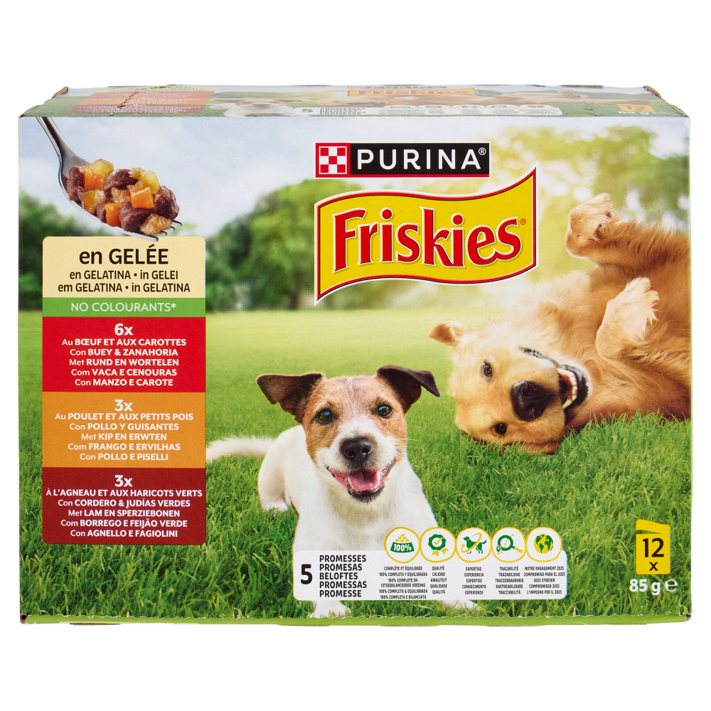 PURINA FRISKIES In Gelatina Con Manzo e Carote, Pollo e Piselli, Agnello e Fagiolini 12 x 85 g