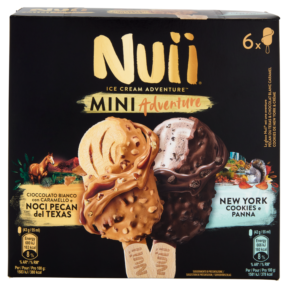 NUII Mini Adventure Ciocc.Bianco-Caramello-Noci Pecan del Texas,New York Cookies-Panna 6 Gelati 255g