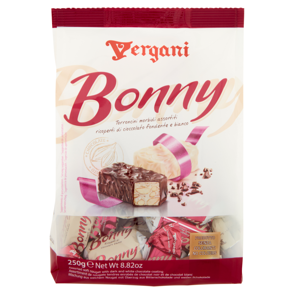 Vergani Bonny Torroncini morbidi assortiti ricoperti di cioccolato fondente e bianco 250 g