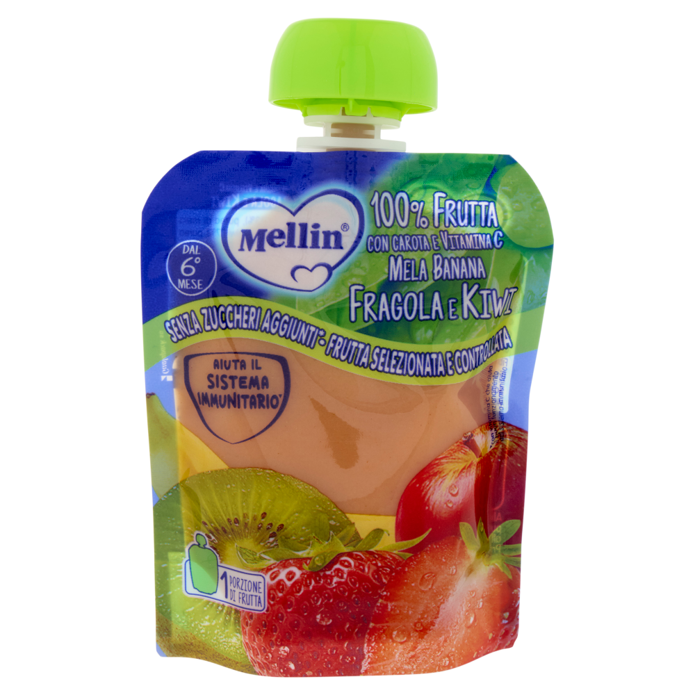 MELLIN Merenda di Frutta 100% con Carota e Vitamina C, Fragola e Kiwi, dal 6° mese, Pouch 90 g