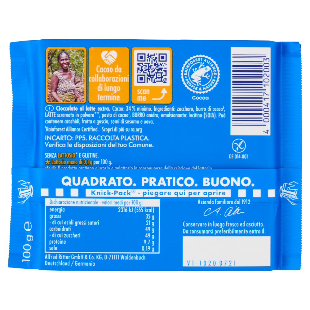 Ritter Sport Latte Senza Lattosio* 100 g