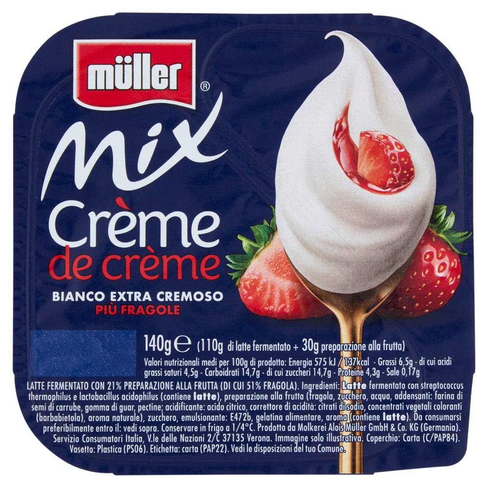 m&uuml;ller Mix Cr&egrave;me de cr&egrave;me Bianco Extra Cremoso Pi&ugrave; Fragole 140 g