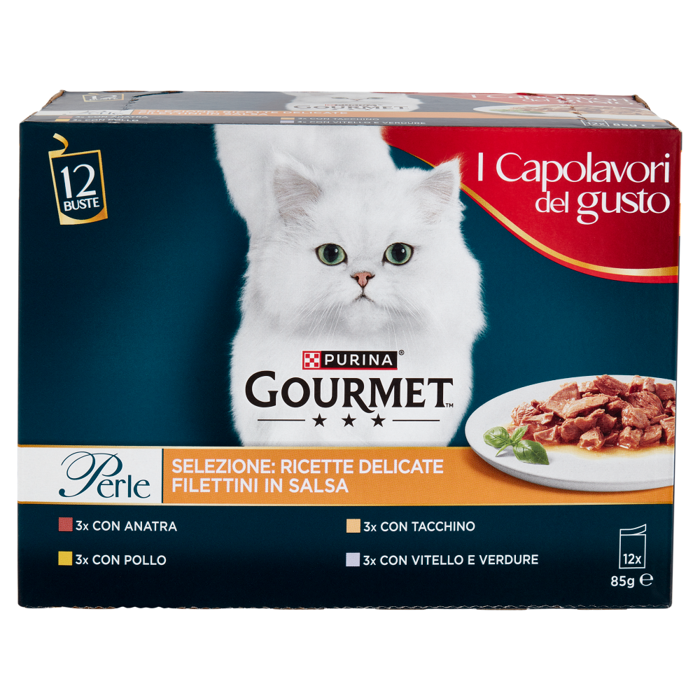 PURINA GOURMET Perle Ricette Delicate Filettini in Salsa Anatra, Pollo, Tacchino, Vitello 12x85g