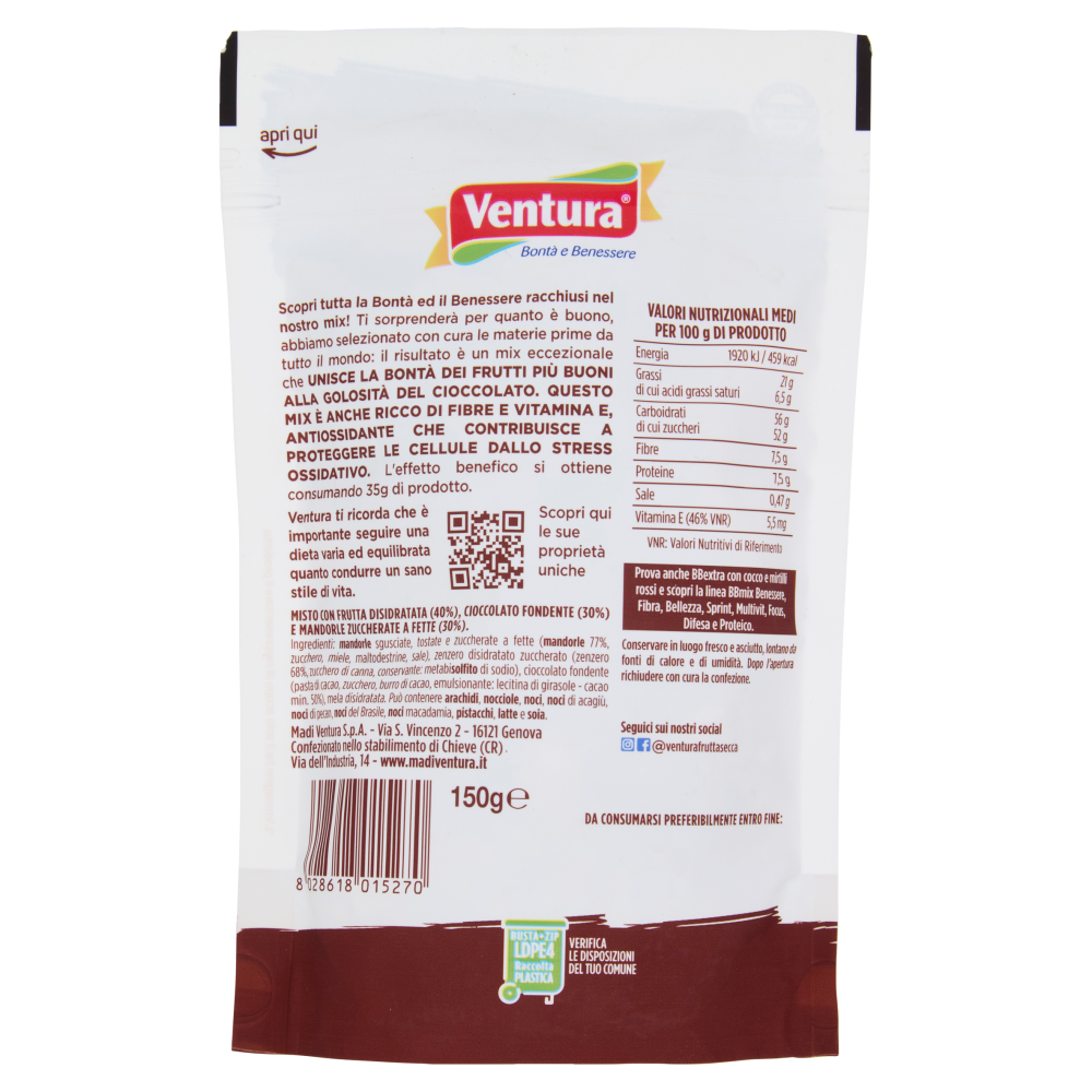 Ventura BBextra Mix con mandorle, mela disidratata, cioccolato fondente e zenzero zuccherato 150 g