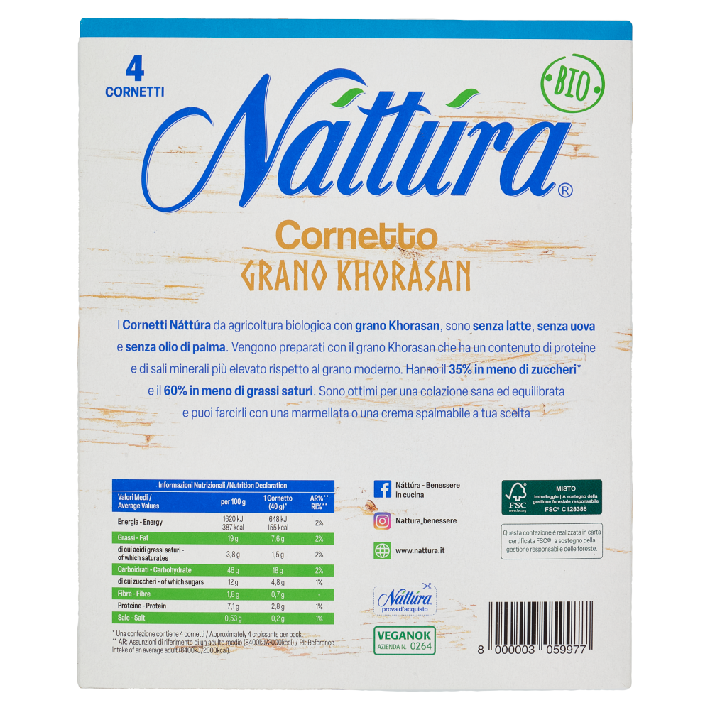 Náttúra Cornetto Grano Khorasan senza latte Bio 4 x 40 g