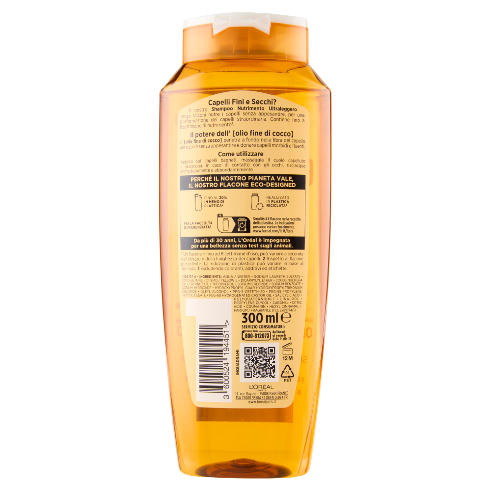 Elvive Olio Straordinario di Cocco Shampoo Nutrimento, per Capelli Fini e Secchi, 300 ml