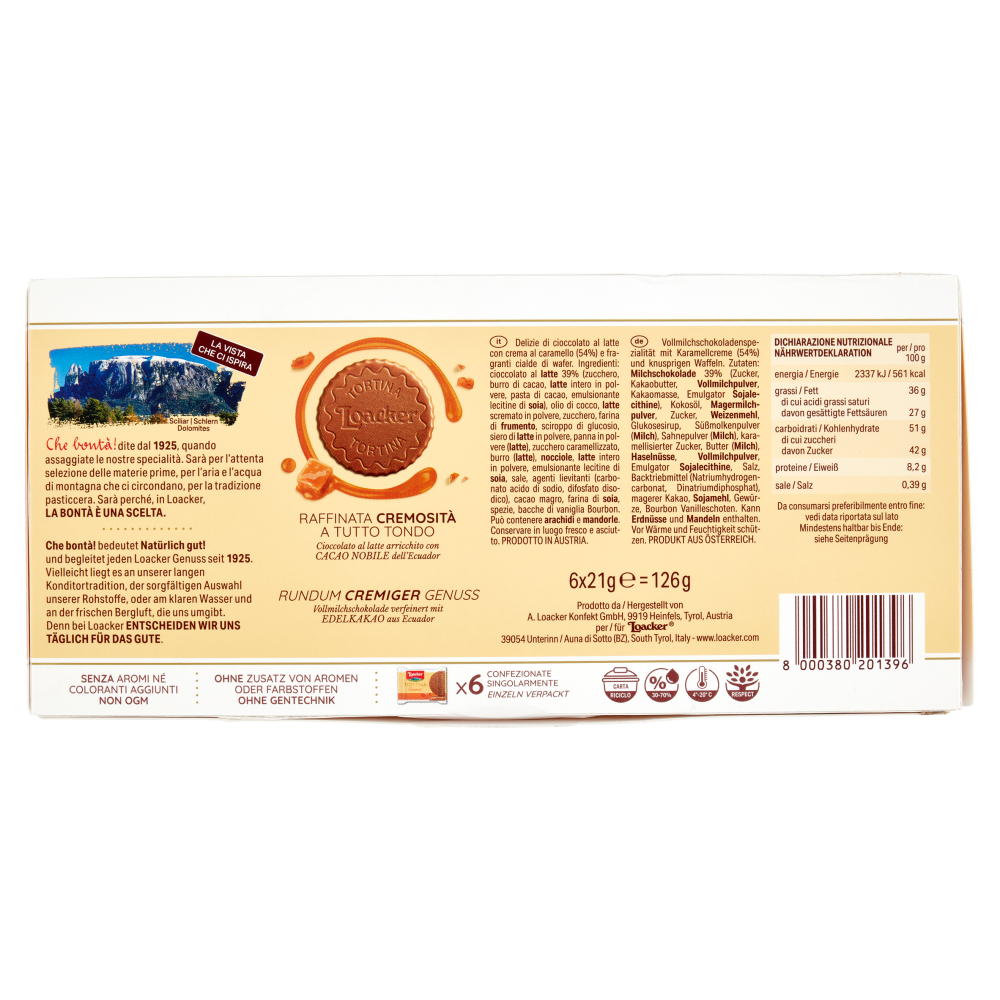 Loacker Tortina Caramel con wafer, cioccolato al latte alpino e crema al caramello 21gx6