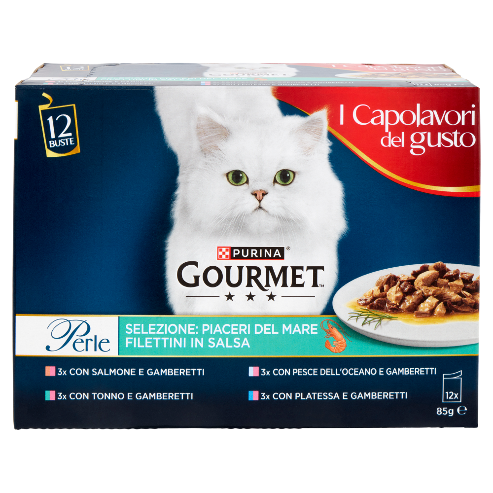 PURINA GOURMET Perle Piaceri del Mare Filettini in Salsa Salmone,Tonno,Pesce Oceano,Platessa 12x85g