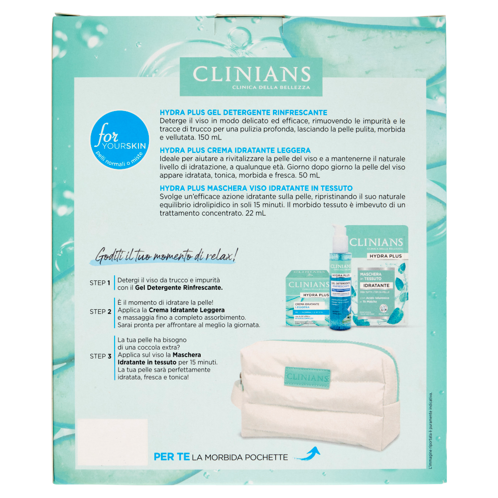 Clinians Hydra Plus Idratante Gel Detergente 150 mL + Crema Idratante 50 mL + Maschera Viso 22 mL
