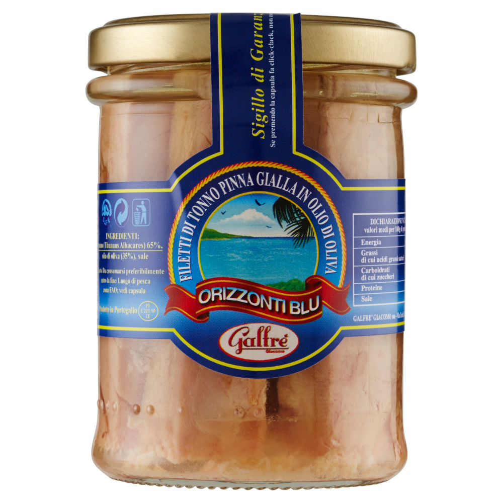 Galfr&egrave; Giacomo Orizzonti Blu Filetti di Tonno Pinna Gialla in Olio di Oliva 185 g